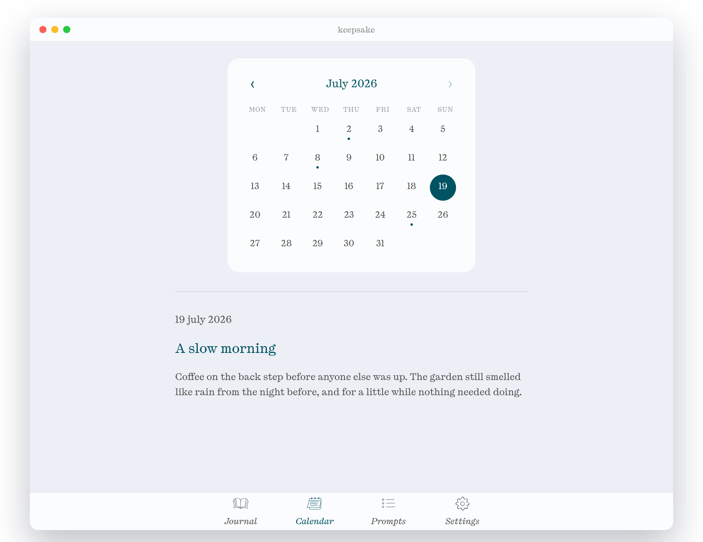 Memory Journal's calendar: a month grid with small marks on days that have entries, and the selected day's memory shown below.